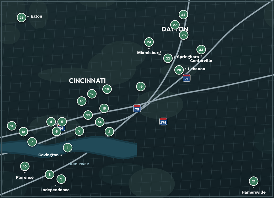 Map of Youth on Course partner golf facilities across the Cincinnati and Dayton region