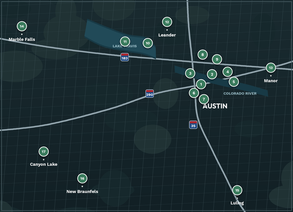 Map of Youth on Course partner golf facilities across the Austin, Texas region
