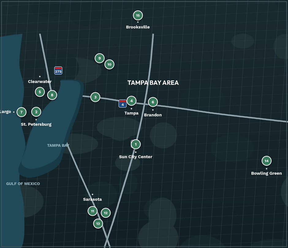 Map of Youth on Course partner golf facilities across the Tampa Bay, Florida region